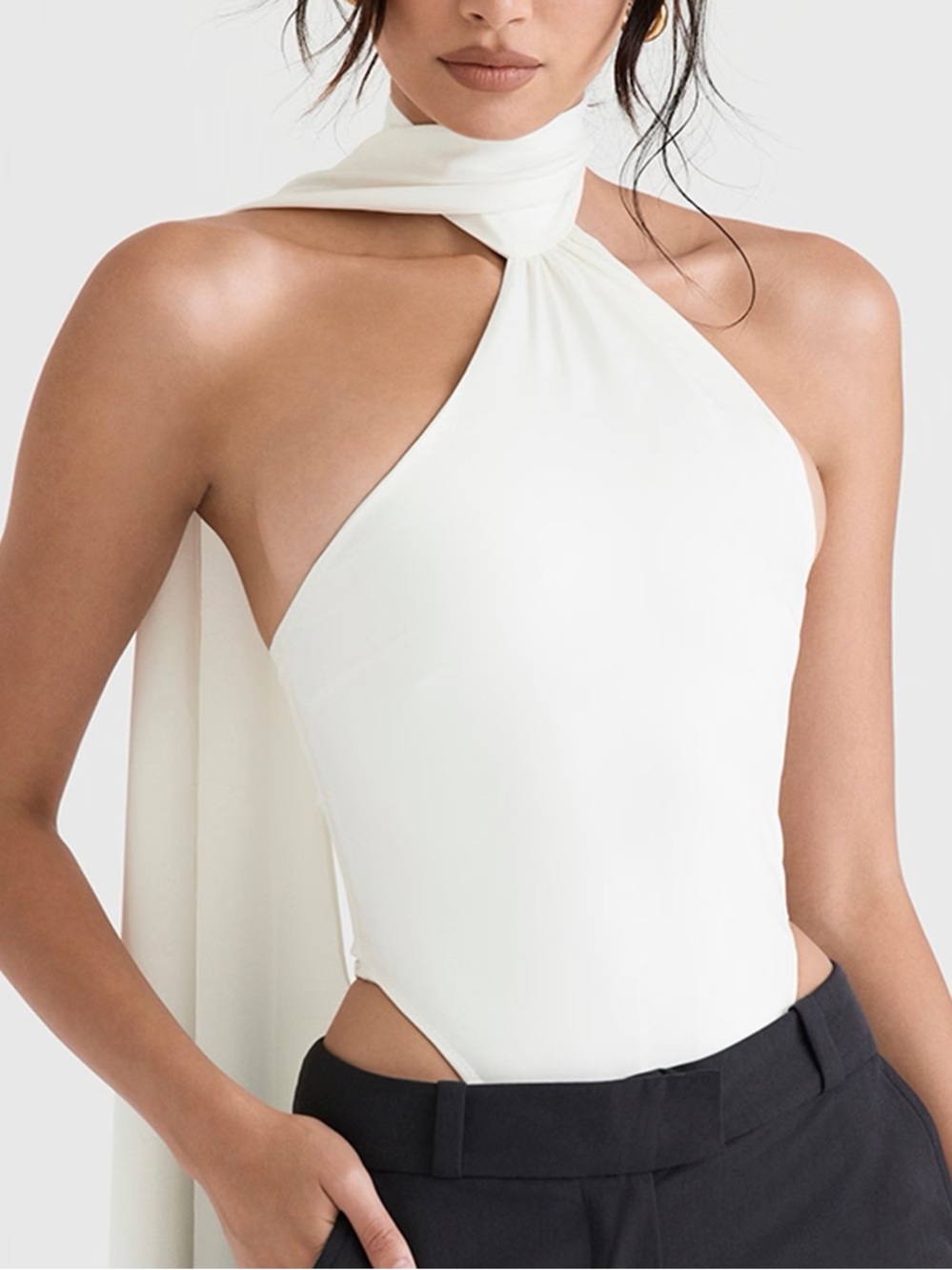 NWT House of CB Women’s Farrah Ivory Satin Wrap Neck Bodysuit